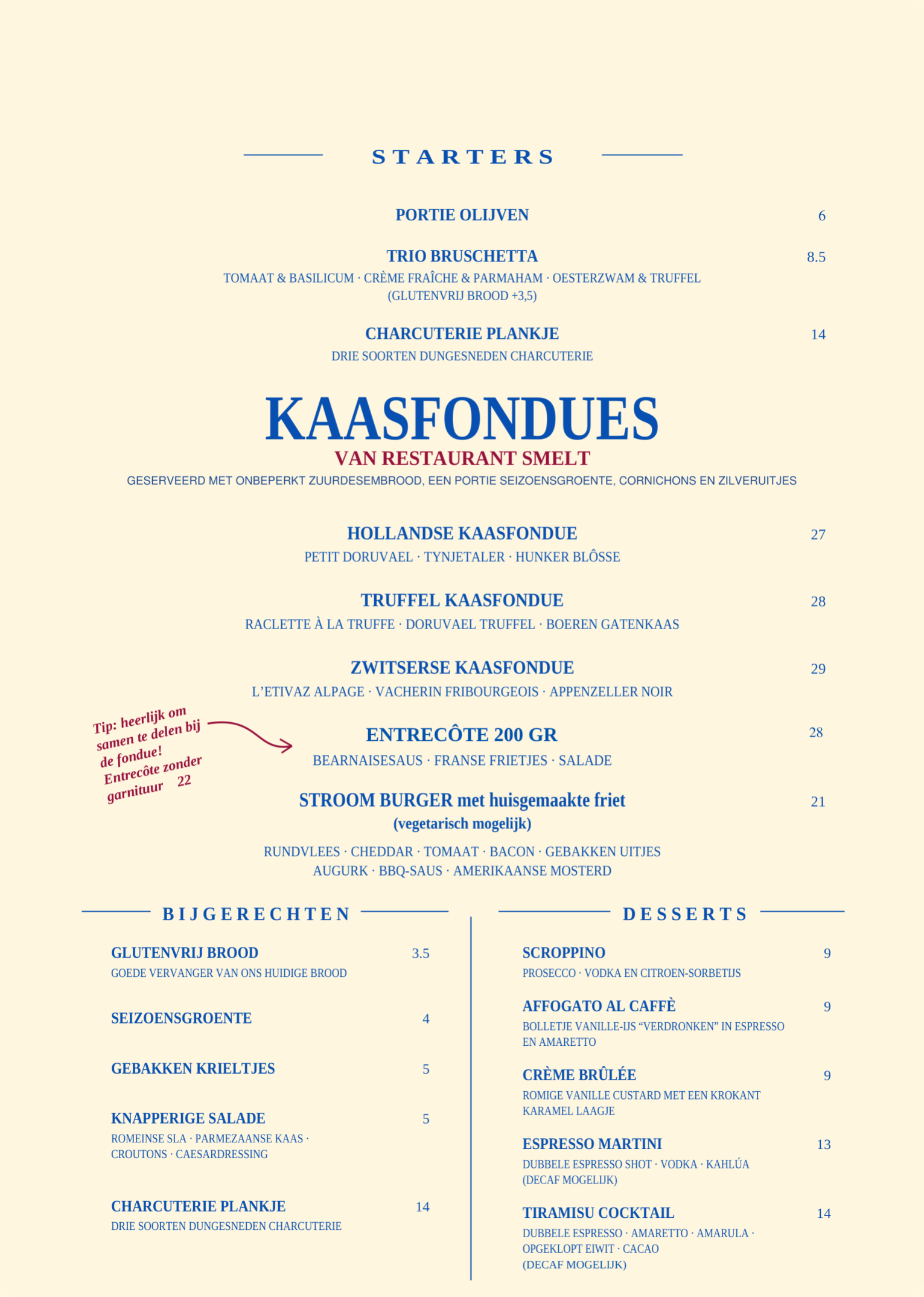 Volledige kaasfondue menukaart STROOM